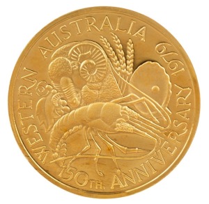1979 150th Anniversary of the Swan River Colony - Western Australia, gold medal (27mm; 20.86g, 24ct) depicting Captain James Stirling with his ship in the background and on the reverse various representations of the products of Western Australia.