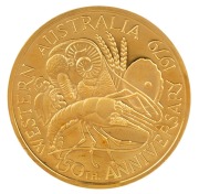 1979 150th Anniversary of the Swan River Colony - Western Australia, gold medal (27mm; 20.86g, 24ct) depicting Captain James Stirling with his ship in the background and on the reverse various representations of the products of Western Australia.