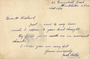 JACK HOBBS, superb signature on postcard, with another signature and message on reverse in Hobbs' beautiful handwriting "Just a card to say how much I appreciate your kind thought...". [Sir Jack Hobbs played 61 Tests 1907-30]. - 2