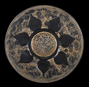 LALIQUE French floral art glass plate with embossed monogram, circa 1930, acid etched mark "R. Lalique", 27cm diameter