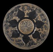 LALIQUE French floral art glass plate with embossed monogram, circa 1930, acid etched mark "R. Lalique", 27cm diameter