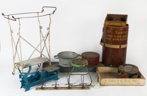 MISCELLANEOUS group including vintage advertising ware, coat rack, scales, tins etc, 19th and 20th century, (13 items)
