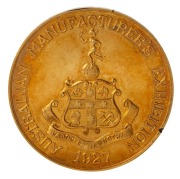 1927 AUSTRALIAN MANUFACTURER'S EXHIBITION gold medal (27.1gms) engraved on reverse "Awarded to COMMONWEALTH PORTLAND CEMENT CO LTD. KANDOS CEMENT CO LTD. SULPHIDE CORPORATION LTD." within a floral wreath; "9ct" engraved below. 38mm, housed in the original - 2