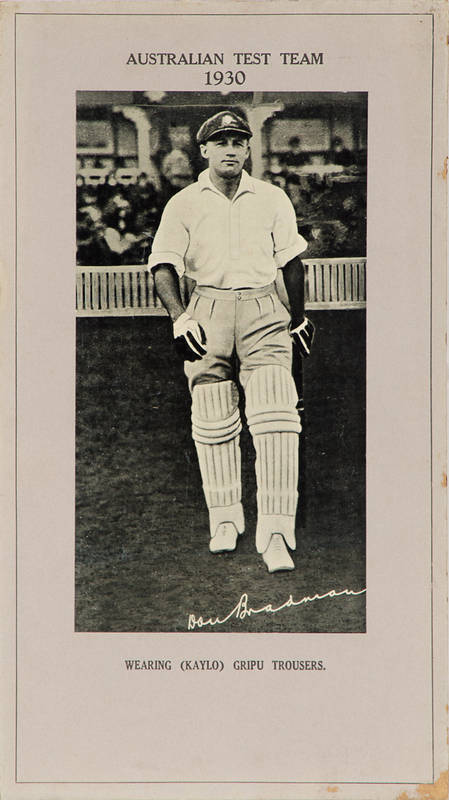 GRIPU ADVERTISING CARDS, each with printed heading "Australian Test Team 1930/ Wearing (Kaylo) Gripu Trousers", and with photo of cricketer with facsimile autograph, almost complete set (10) with Don Bradman, Alan Fairfax, Percy Hornibrook, Clarrie Grimme