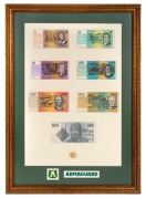 A framed presentation created for ARMAGUARD&nbsp;featuring $1, $2, $5, $10, $20, $50 and $100 paper banknotes together with a $200 gold Koala.&nbsp;