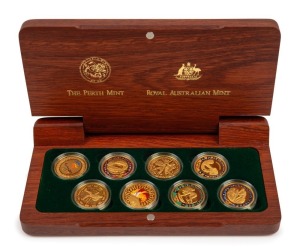 THE SYDNEY 2000 OLYMPIC $100 GOLD COIN collection of 8 coins in a gold-embossed Jarrah timber case; accompanied by the separately cased subscribers medallion.