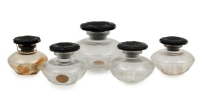 LE NARCISSE NOIR CARON antique French glass perfume bottles (in two sizes) with black floral glass stoppers, (three with original foil labels), early 20th century, (5 items), 4cm and 5.5cm high