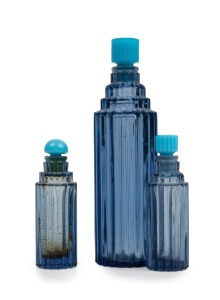 WORTH group of three vintage French glass perfume bottles with original stoppers, in three sizes, bases branded "LALIQUE, MADE IN FRANCE, WORTH", 14cm, 8cm and 7.5cm high