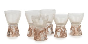 LALIQUE "MARIENTHAL" group of six French glasses with brown stained decoration to the bases, (in two sizes), circa 1927, engraved "R. LALIQUE, FRANCE", 10.5cm and 9cm high