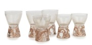 LALIQUE&nbsp;"MARIENTHAL" group of six&nbsp;French glasses with brown stained decoration to the&nbsp;bases, (in two sizes), circa 1927, engraved "R. LALIQUE, FRANCE", 10.5cm and 9cm high
