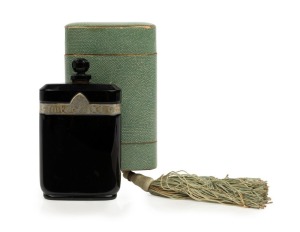FACTICE NUIT DE NOEL CARON vintage French black glass perfume bottle made by BACCARAT, in original faux shagreen card case with silk tassel, the bottle 11cm high, the case 12cm high (not including tassel)
