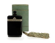 FACTICE NUIT DE NOEL CARON&nbsp;vintage French black glass perfume bottle made by BACCARAT, in original faux shagreen card case with silk tassel, the bottle 11cm high, the case 12cm high (not including tassel)