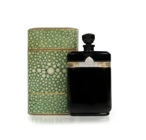FACTICE NUIT DE NOEL CARON vintage French black glass perfume bottle made by BACCARAT, in original faux shagreen card case, the bottle 7cm high, the case 8cm high