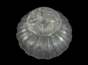 A vintage French Art Deco glass vanity bottle with grey stained finish and moth desgin stopper, 5.5cm high, 8cm wide