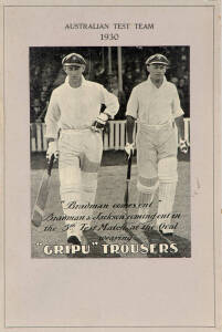 GRIPU ADVERTISING CARD, with printed heading "Australian Test Team 1930", and text within photo "Bradman comes out. Bradman & Jackson coming out in the 5th Test Match at the Oval wearing Gripu Trousers", size 21x31cm. G/VG condition.