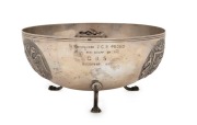 A Continental silver bowl with three repousse&nbsp;armorial vignettes, inscribed "To Commander J.C.R. PROUD From The Staff Of The C.B.S. December 1955", stamped "800, S.G.", 10cm high, 21cm diameter, 488 grams - 2