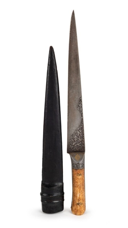 PERSIAN KARD: very good 9½” single edge hollow ground wootz blade; relief scroll engraving to the ricasso the blade with a few areas of light staining near the point; hilt mounts inlayed in gold of Islamic designs; vg walrus ivory hilt; complete with a vg