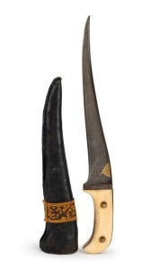 PERSIAN PESHKABZ: very good 9¾” single edged blade of Traditional form; excellent chisel engraving & gold inlay work to the riccaso; gold inlay Islamic inscriptions to back edge; vg walrus Ivory hilt slabs with Kinjal rivets; complete with original black 