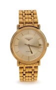 LONGINES automatic wristwatch in gold plated case with date window, baton numerals and gold plated bracelet band, in original box with booklet, 3.6cm wide including crown
