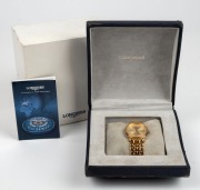 LONGINES automatic wristwatch in gold plated case with date window, baton numerals and gold plated bracelet band, in original box with booklet, 3.6cm wide including crown - 2