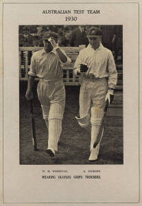 GRIPU ADVERTISING CARDS, each with printed heading "Australian Test Team 1930/ Wearing (Kaylo) Gripu Trousers", and with photos - "Don Bradman, Cutting Tate for Four"; "W.M.Woodfull & A.Jackson"; "A.Kippax & T.Wall". Various sizes. Fair/VG condition. (3 i