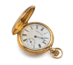 WALTHAM antique American pocket watch in 18ct gold full hunter case with engraved floral decoration, crown wind with Roman numerals, 19th century, 5.7cm high overall, 61 grams total including movement