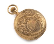 WALTHAM antique American pocket watch in 18ct gold full hunter case with engraved floral decoration, crown wind with Roman numerals, 19th century, 5.7cm high overall, 61 grams total including movement - 2