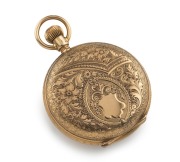 WALTHAM antique American pocket watch in 18ct gold full hunter case with engraved floral decoration, crown wind with Roman numerals, 19th century, 5.7cm high overall, 61 grams total including movement - 3