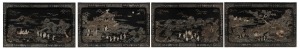 Set of four antique Chinese lacquer and mother of pearl panels, late Ming Dynasty, ​​​​​​​29 x 47cm each