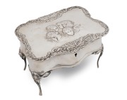 An antique English sterling silver jewellery casket adorned with Reynolds' "Chorus Of Angels", interior fitted in teal silk and velvet, made by&nbsp;William Comyns & Sons of London, circa 1906, 12.5cm high, 19cm wide, 13.5cm deep, 858 grams total including lin