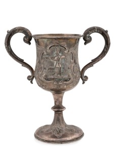 JUDAICA: Antique English sterling silver presentation trophy, made in Birmingham in 1862, engraved "THE MEMBERS OF THE HEBREW AUSTRIAN FRIENDLY BENEFIT SOCIETY Presented This Cup To Mr. B. BOMBERGER, First Chairman Of The Above Society As A Mark Of Respect And Esteem, FEB.y 20th, 1896", 19cm high, 330 grams