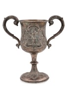 JUDAICA: Antique English sterling silver presentation trophy, made in Birmingham in 1862, engraved "THE MEMBERS OF THE HEBREW AUSTRIAN FRIENDLY BENEFIT SOCIETY Presented This Cup To Mr. B. BOMBERGER, First Chairman Of The Above Society As A Mark Of Respec