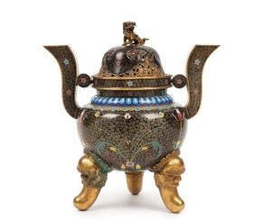 An antique Chinese cloisonne lidded censer on carved timber stand, 19th/20th century, 31cm high overall