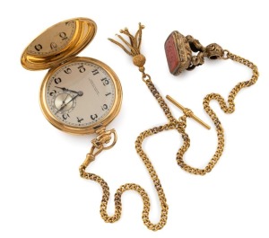 TAVANNES 18ct yellow gold cased full hunter pocket watch, with antique 15ct gold fob chain (19 grams), and an antique fob seal, housed in a HARDY BROTHERS plush box.