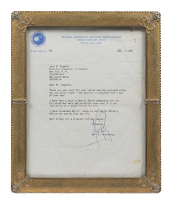 NEIL ARMSTRONG (FIRST MAN ON THE MOON) strong signature on NASA letterhead single page letter dated December 16th 1969. Addressed to JOHN H. DUGDALE discussing the excellence of an essay written by one of his students NORRIS SMITH. ​​​​​​​Framed and glaze