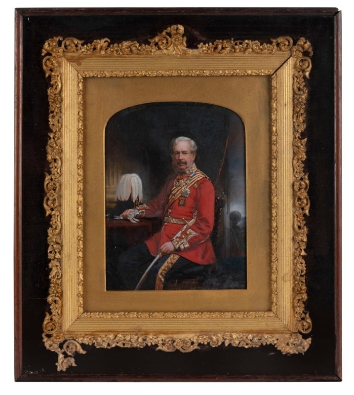 MAULL & CO. (London, active 1865 - 1880), An overpainted albumen paper print portrait of Major-General William Wylde, circa 1865, oil on albumen print, 20 x 15cm, in the original gilt brass mat and ornate gilt moulded plaster frame, housed in the original