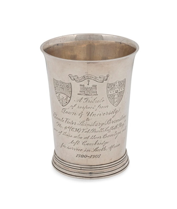 BOER WAR INTEREST: Substantial antique English sterling silver presentation beaker, engraved with shields and castle, inscribed "A Tribute Of Respect From Town & University To CLAUDE VICTOR SAINSBURY SKRIMSHIRE Pte: 4th (C.U.) Vol. Batt. Suffolk Reg.t. On