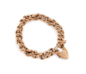 An antique 15ct gold curb link bracelet with heart lock, 19th/20th century, each link stamped "15", 18.1 grams