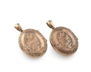 A rare pair of antique&nbsp;9ct gold mourning lockets, both adorned with seed pearl monograms surrounded in black enamel, both hinged with double photo windows, circa 1870, ​​​​​​​each 5cm high overall, 31.7 grams total including glass - 2