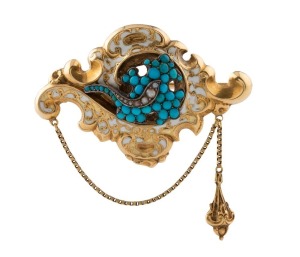 An antique Rococo revival 15ct yellow gold brooch adorned with turquoise, seed pearls and enamel decoration, circa 1865, 4.8cm wide, 7.3 grams