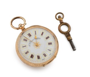 An antique 14ct gold cased lady's open faced pocket watch with key wind movement, 19th century, 5cm high including loop