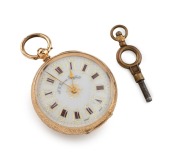 An antique 14ct gold cased lady's open faced pocket watch with key wind movement, 19th century, 5cm high including loop