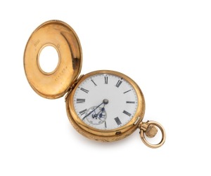 An antique 18ct gold half hunter lady's pocket watch with crown wind, 19th century, 4.5cm wide overall