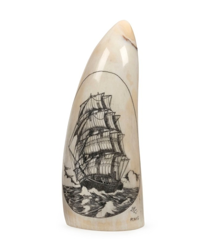 A vintage scrimshaw whale's tooth with tall ship portrait, engraved on reverse "Mistress Of The Seas", by James Cumberland Brown of Albany, Western Australia, signed "J. F. C.", 13cm high