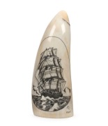 A vintage scrimshaw whale's tooth with tall ship portrait, engraved on reverse "Mistress Of The Seas", by James Cumberland Brown of Albany, Western Australia, signed "J. F. C.", 13cm high