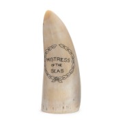 A vintage scrimshaw whale's tooth with tall ship portrait, engraved on reverse "Mistress Of The Seas", by James Cumberland Brown of Albany, Western Australia, signed "J. F. C.", 13cm high - 2