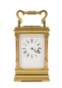 A fine antique French Anglaise Grande Sonnerie bell striking carriage clock with one piece enamel dial, Roman numerals, original silvered lever platform escapement, push button repeat and striking selection lever to the base, 19th century, 20cm high