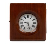 An antique English oversized pocket watch in silvered case with Roman numerals, housed in original mahogany travel case branded "Goldsmiths & Silversmiths Company Ltd.", 19th century, the case 14cm high overall