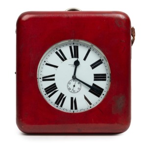 A Goliath nickel plated oversized pocket watch with crown wind and Roman numerals, retailed by "COOKE & KELVEY, CALCUTTA" housed in original scarlet leather easel style travel case, 19th century, 21cm high overall