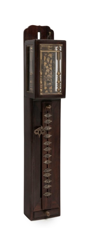 A rare antique Japanese miniature weight driven pillar clock in rosewood case with one day verge and balance wheel time only movement, circa 1850, 26cm high. PROVENANCE: The Hose Collection, Leonard Joel Auctions, Melbourne, 25th June, 2018.